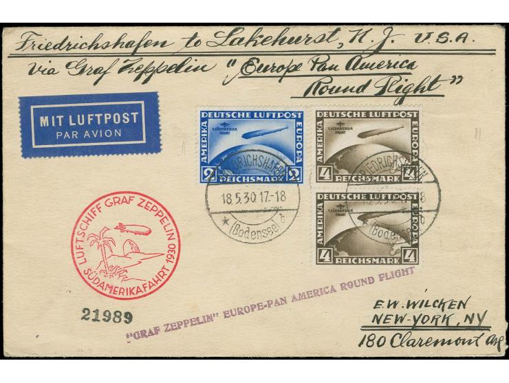 1930, 4 M. im senkrechten Paar und Einzelwert 2 M. auf Zeppelinbrief von "FRIEDRICHSHAFEN 18.5.30" nach New York mit Ankunfts