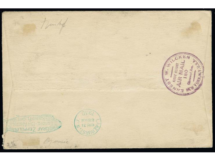 1930, 4 M. im senkrechten Paar und Einzelwert 2 M. auf Zeppelinbrief von "FRIEDRICHSHAFEN 18.5.30" nach New York mit Ankunfts