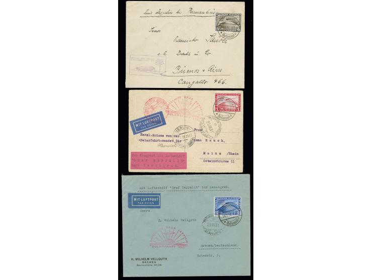 1-4 M. kpl. jeweils als Einzelfrankatur auf 3 Zeppelin-Belegen, 1 M. und 2 M. auf Polarfahrt-Brief bzw. Karte mit Auflieferun
