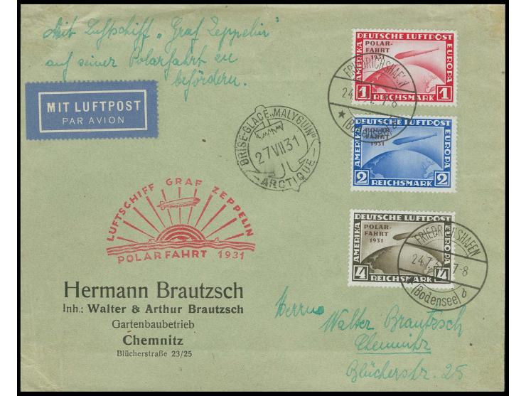 1931, Polarfahrt 1-4 M. mit Stempel "FRIEDRICHSHAFEN 24.7.31" auf Zeppelinbrief zur Polarfahrt 1931 nach Chemnitz, gute Erhal