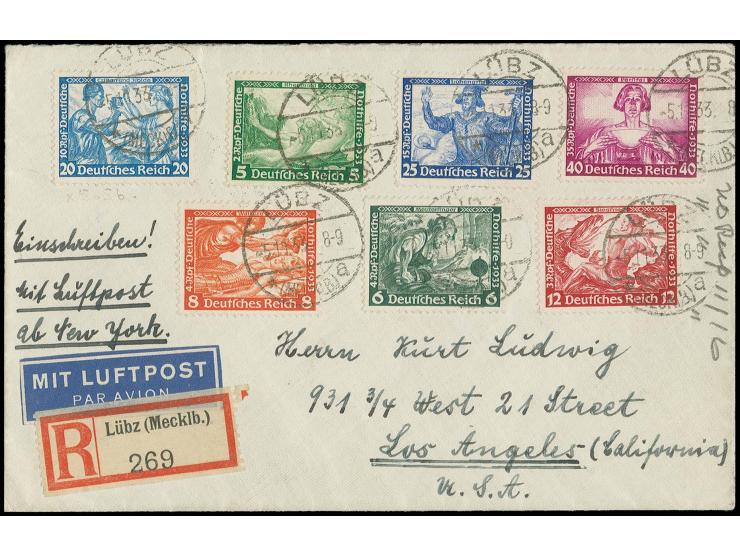 1933, Wagner 3-40 Pfg. kpl. vorder- und rückseitig auf Einschreibe-Luftpostbrief von "LÜBZ 5.11.33" via New York nach Los Ang