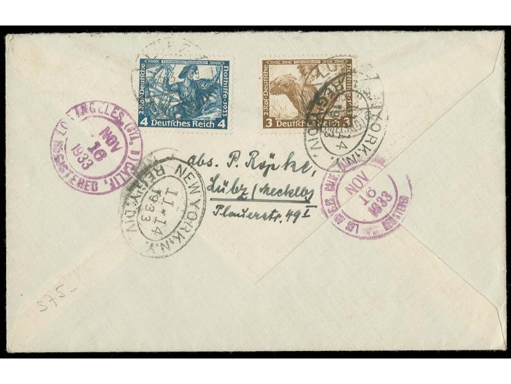 1933, Wagner 3-40 Pfg. kpl. vorder- und rückseitig auf Einschreibe-Luftpostbrief von "LÜBZ 5.11.33" via New York nach Los Ang
