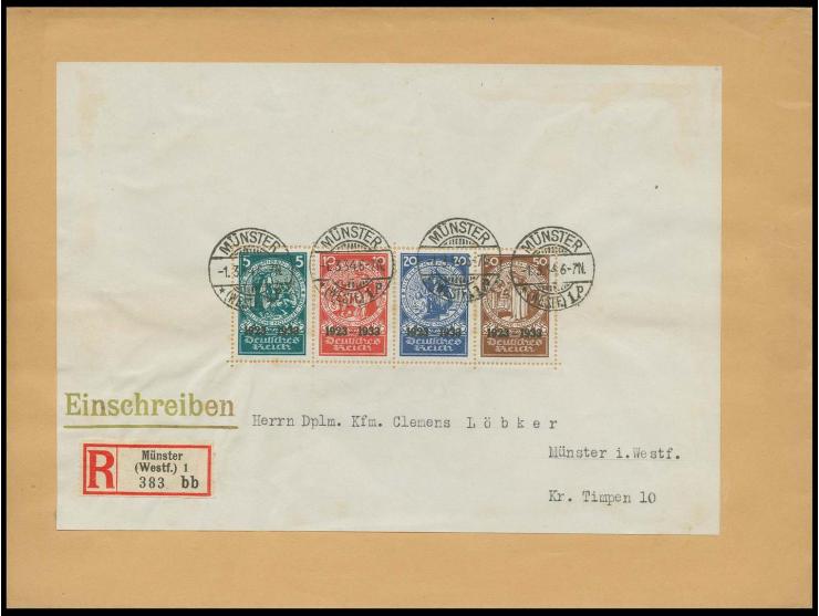 1933, Nothilfe-Block mit Stempel "MÜNSTER 1.3.34" auf überfrankiertem R-Ortsbrief, unten im Blockrand mit Beschriftung und R-