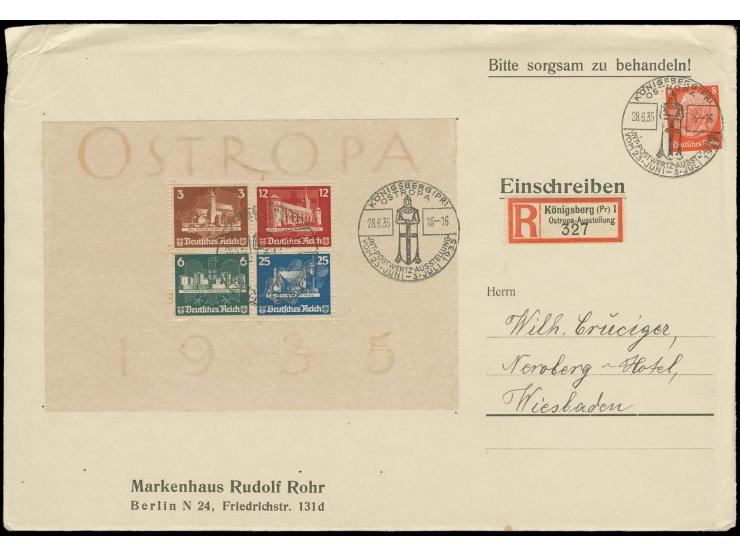 OSTROPA-Block mit Zusatzfrankatur Hindenburg 8 Pfg. und Sonderstempel auf großformatigem R-Brief nach Wiesbaden mit Ankunftss