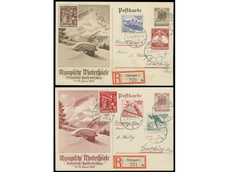 1936, Olympische Winterspiele 6-25 Pfg. kpl. mit Zufrankatur auf den 2 Olympia-Ganzsachenkarten 6 Pfg. und 15 Pfg. als Einsch