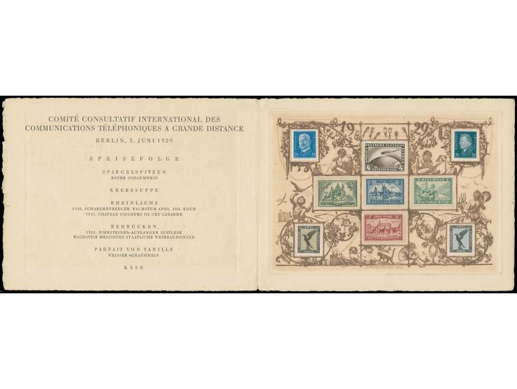 DIVERSES: 1929, Speisekarte der Deutschen Reichspost für das "COMITE COSULTATIF INTERNATIONAL DES COCOMMUNICATIONS TELEPHONIQ