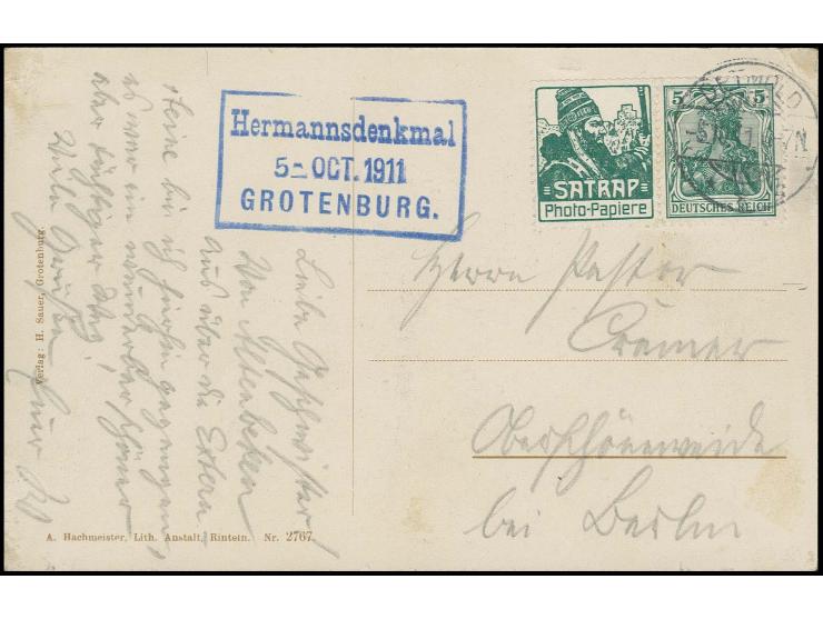 ZUSAMMENDRUCKE: "SATRAP"+5 Pfg. mit Stempel "DETMOLD 5.10.11" auf Ansichtskarte nach Berlin, normale Zähnung, Karte kleine Fa