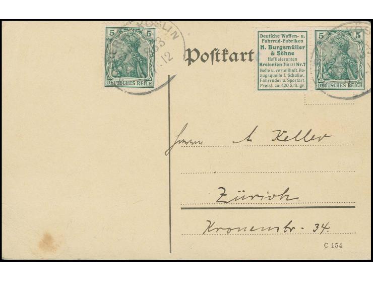 "H.Burgsmüller"+5 Pfg. (oben Heftchenzähnung) mit weiterer 5 Pfg. mit Stempel "KOLBERG-KÖSLIN BAHNPOST / ZUG 853 / 2.7.12" au