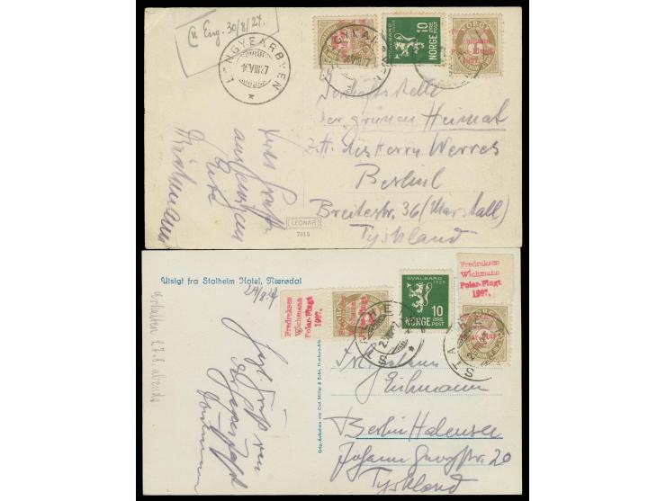 1927, Fredreksen - Wichmann Polar Flight, two picture postcards, both franked with two 1Ø stamps with red handstamp and 10Ø g