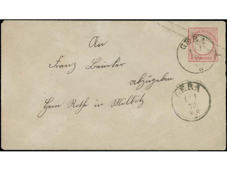 1872, Umschlag 1 Gr. kleiner Schild mit zweifach voll und klar abgeschlagenem Ersttags-EKr. "GERA 1 1 72" nach Milbitz, etwas