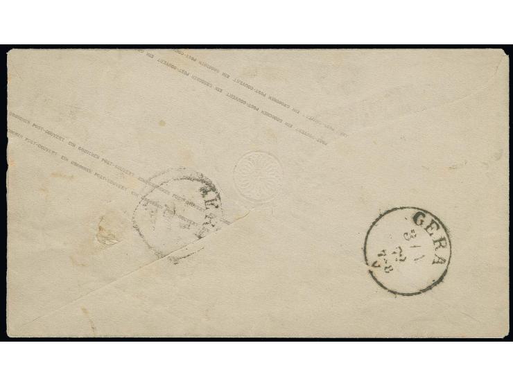 1872, Umschlag 1 Gr. kleiner Schild mit zweifach voll und klar abgeschlagenem Ersttags-EKr. "GERA 1 1 72" nach Milbitz, etwas
