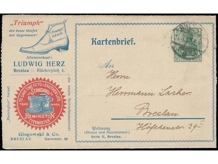 1907, Germania 5 Pfg., Privat-Anzeigen-Kartenbrief für Breslau, Type A, Serie II, gebraucht als Ortsbrief aus "BRESLAU 14.4."