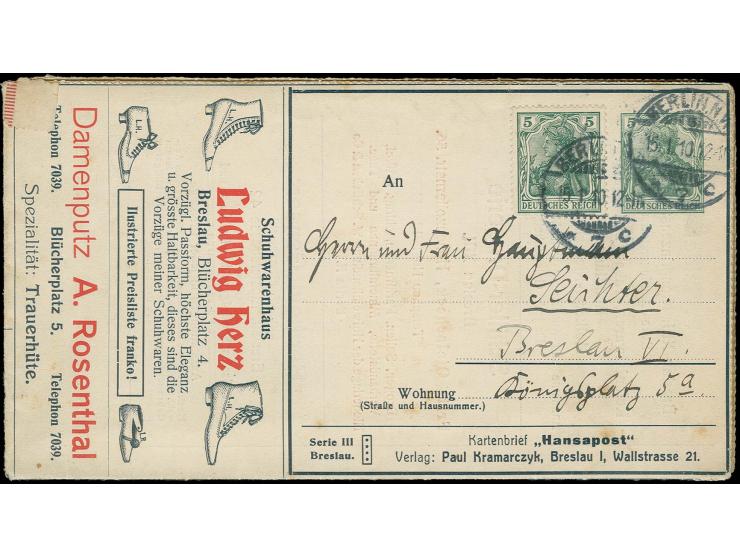 1910, Germania 5 Pfg., Anzeigen-Faltbrief "Hansapost" für Breslau, Serie III mit Zufrankatur Gerrmania 5 Pfg. gebraucht von "