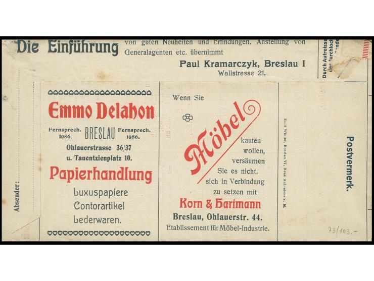 1910, Germania 5 Pfg., Anzeigen-Faltbrief "Hansapost" für Breslau, Serie III mit Zufrankatur Gerrmania 5 Pfg. gebraucht von "