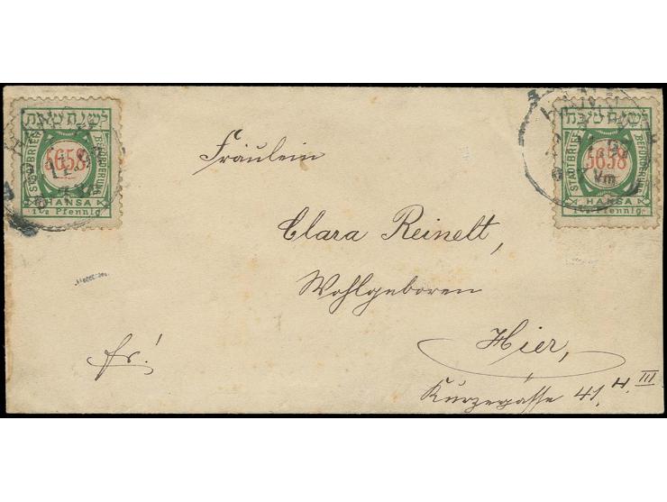 BRESLAU-HANSA: 1897, Jüdisches Neujahrsfest 1 1/2 Pfg. grün/zinnoberrot, 2 Einzelwerte mit EKr. "HANSA 2.11.97" auf Ortsbrief