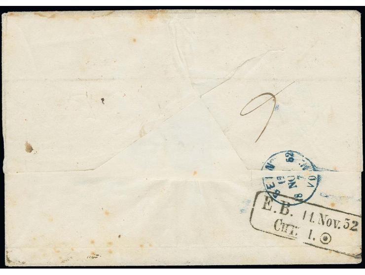 1851/52, 3 Kreuzer auf orangegelb und 9 Kreuzer auf lilarosa mit Nr. "109" als seltene Auflagen-Mischfrankatur auf Briefhülle