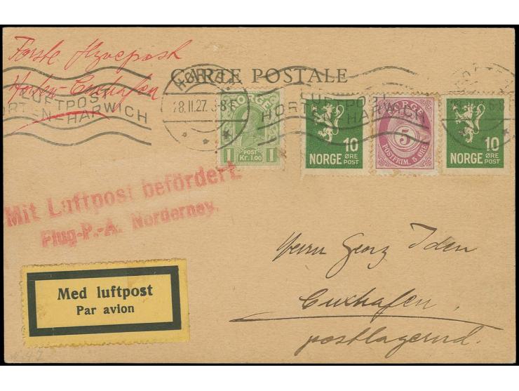 First flight Horten - Norderney, card to Cuxhafen with special machine cancellation "HORTEN 28.II.27  LUFTPOST HORTEN-HARWICH
