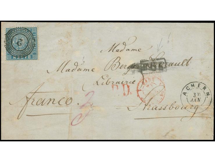 1860, 3 Kr. ultramarin mit Nummer "3" und nebengesetztem DKr. "ACHERN" auf Faltbriefhülle nach Strassburg im Grenzrayon, addr