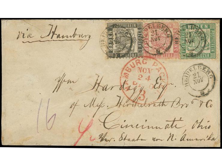 18 Kr. grün, 3 Kr.  und 1 Kr. schwarz, sämtlich gut gezähnt und mit DKr. "HEIDELBERG 21.NOV.(66)" auf Brief mit rückseitigem 