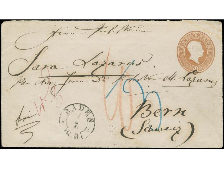 1863, Ganzsachenumschlag 9 Kr. fahlbraun von Baden nach Bern, dort mit 3 Kreuzern bzw. 10 Rappen nachtaxiert, eine attraktive