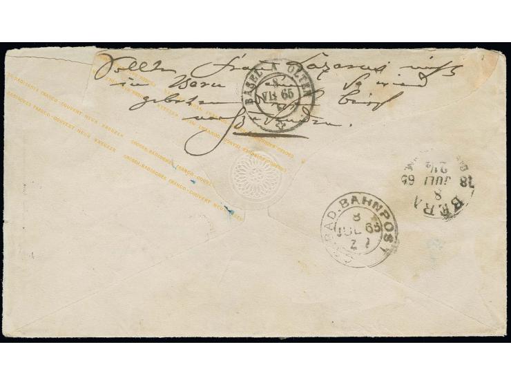 1863, Ganzsachenumschlag 9 Kr. fahlbraun von Baden nach Bern, dort mit 3 Kreuzern bzw. 10 Rappen nachtaxiert, eine attraktive