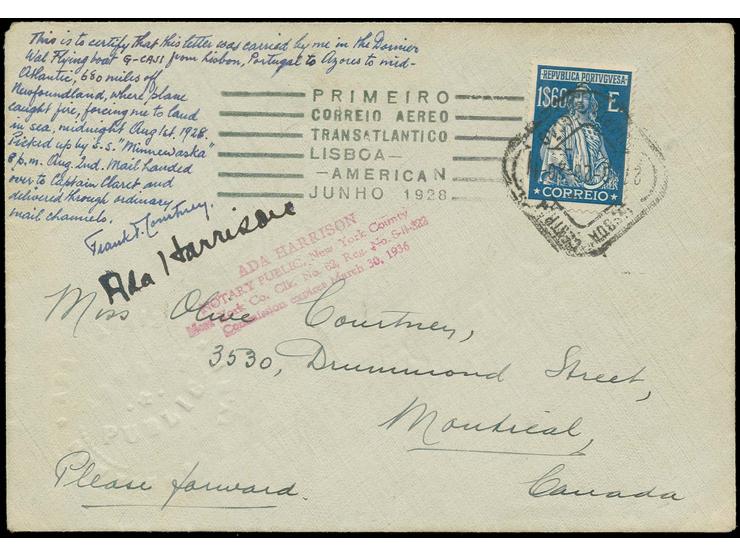 1928, Flight Portugal - United States, cover addressed to Miss Olive Courtney (presumably the sister of the captain) in Montr
