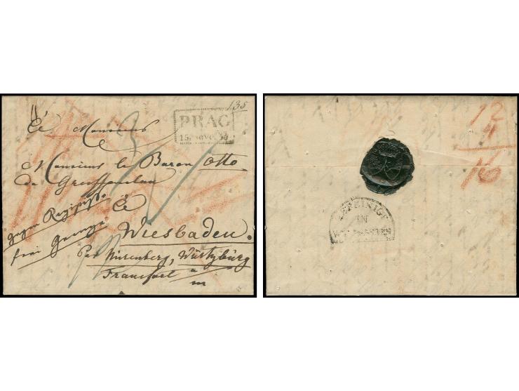1833, "GEREINIGT IN WALDSASSEN", recht klar rückseitig auf kpl. Chargé-Faltbrief von "PRAG 15.NOVE.33" mit handschriftlichem 