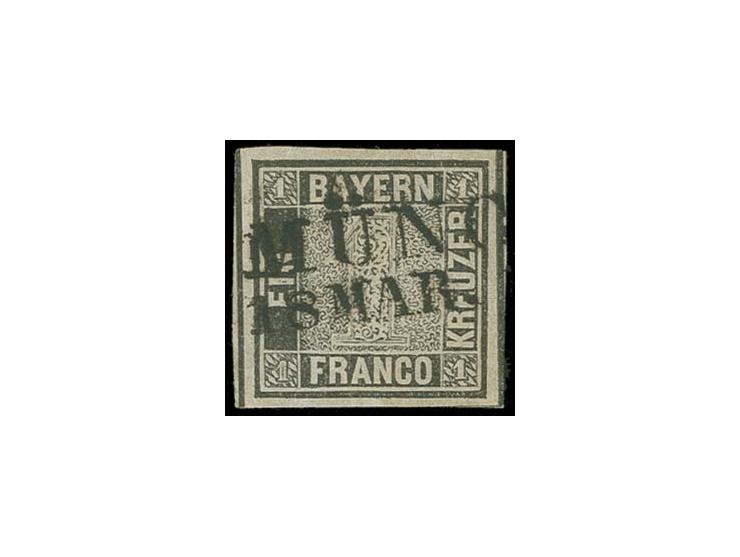 1849, 1 Kr. schwarz, Platte 1, allseits breitrandig mit Zischenlinien links und rechts, sauber mit L2 "MÜNCHEN 18 MAR..." ent