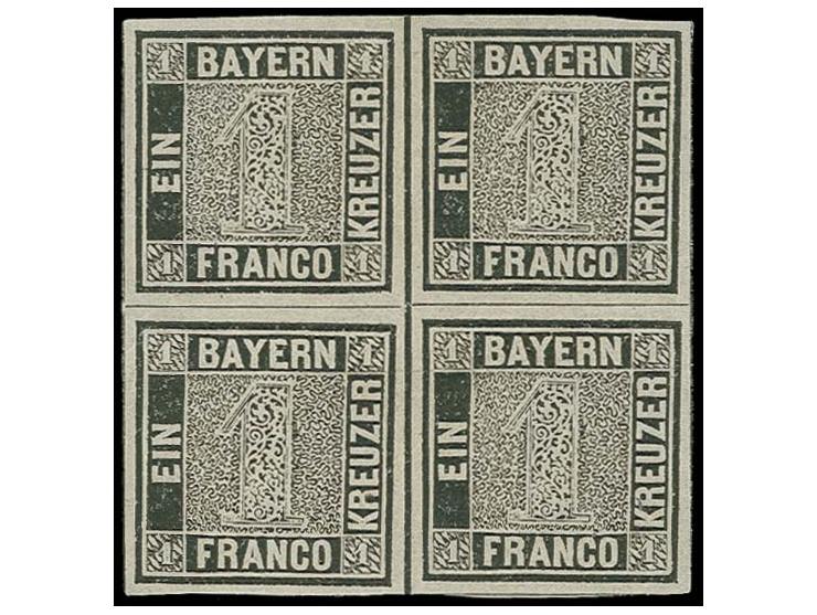 1 Kr. tiefschwarz im 4er-Block, allseits breitrandig, teils mit Zwischenlinien, schöne frische tiefe Farbe, ungebraucht ohne 