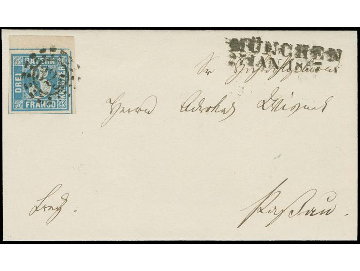 3 Kr. blau, allseits breitrandige rechte obere Bogenecke mit ca. 1 mm rechtem und 4 mm oberen Bogenrand mit oMR "325" und neb