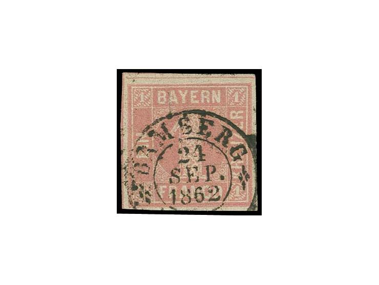 1 Kreuzer rosa, Platte II, allseits voll- bis breit gerandet mit sauberem DKr. "BAMBERG 24 SEP. 1862", eine seltene Marke, ei
