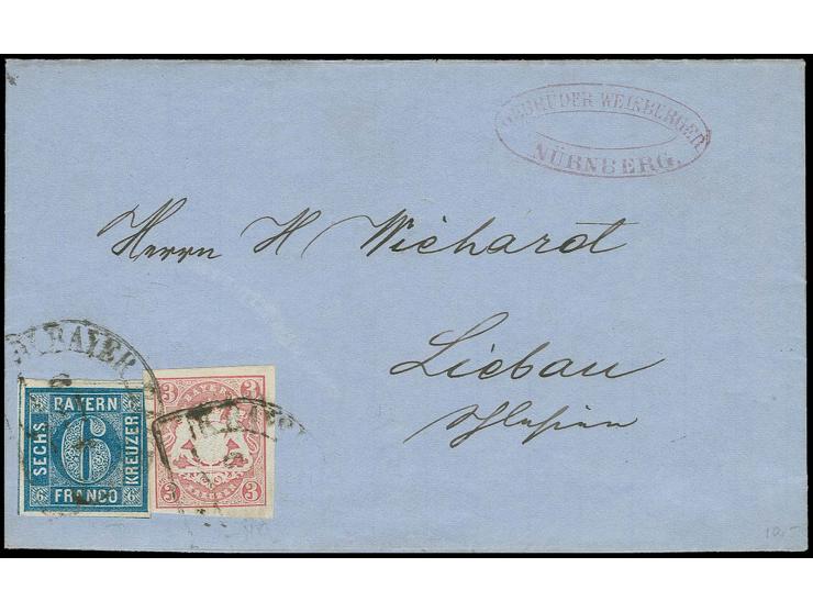 6 Kr. ultramarin in Mischfrankatur mit Wappen 3 Kr. rosa, beide allseits breitrandig mit Bahnpost-Halbkreisstempel auf kpl. F