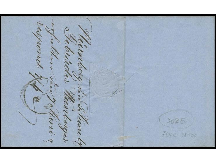 6 Kr. ultramarin in Mischfrankatur mit Wappen 3 Kr. rosa, beide allseits breitrandig mit Bahnpost-Halbkreisstempel auf kpl. F