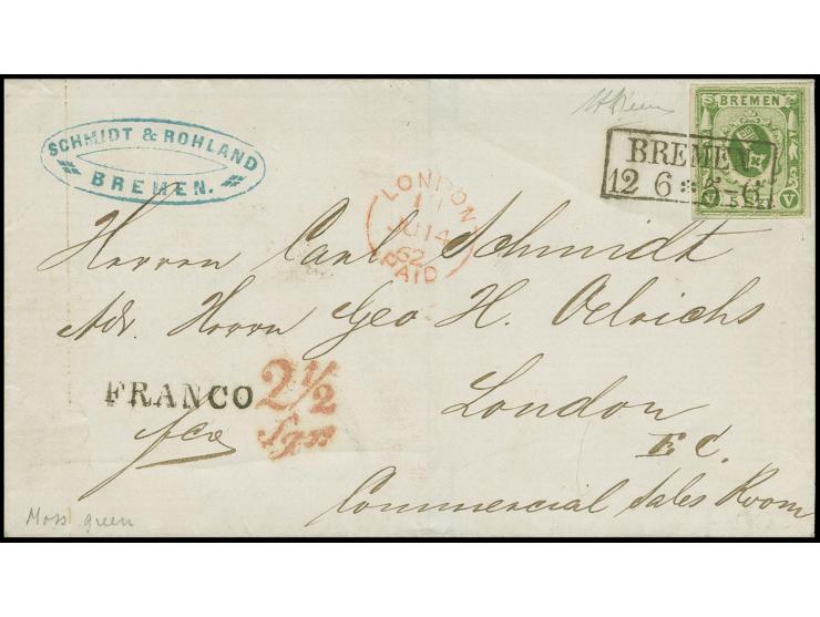 GROSSBRITANNIEN: 1859/63, 5 Silbergroschen moosgrün, farbfrisch und allseits breitrandig geschnitten mit klarem Ra2 "BREMEN 1