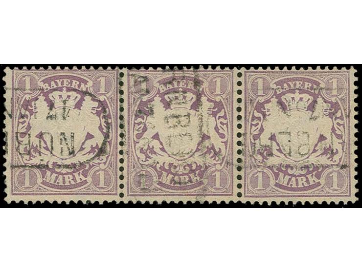 1874, 1 M. violett gezähnt im waagerechten 3er-Streifen mit Ra2 von Nürnberg, links in der Zähnung leicht gefaltet und linke 
