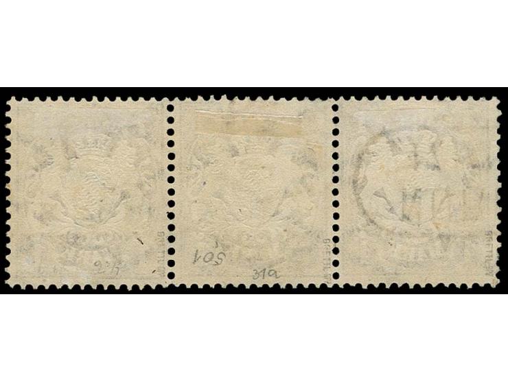 1874, 1 M. violett gezähnt im waagerechten 3er-Streifen mit Ra2 von Nürnberg, links in der Zähnung leicht gefaltet und linke 