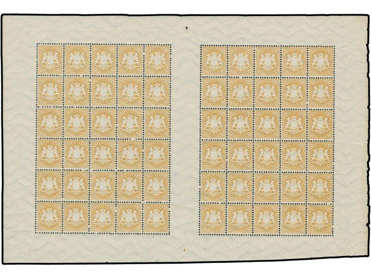 1875, 10 Kr. dunkelchromgelb im vollständigen Schalterbogen von 60 Werten, ungefaltet, postfrisch in einwandfreier Erhaltung,