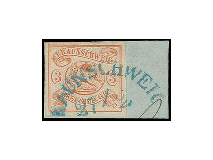 3 Sgr. orangerot, farbfrisch und allseits breitrandig mit Halbkreisstempel "BRAUNSCHWEIG 27/2" auf kleinem Briefstück, Kabien