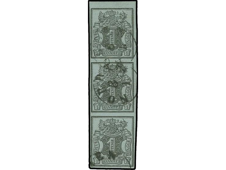 1850, 1 Ggr. auf blaugrau, farbfrischer, senkrechter Dreierstreifen vom Oberrand, allseits voll- bis breitrandig, mit EKr. "N