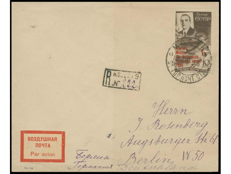 1933, Lewanewskij flight 1 r. on registered Rosenberg cover from "MOSKWA 27.8.35" to Berlin with arrival mark, scarce, signed