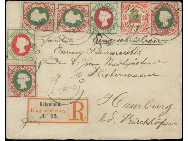 1875, 5 Pfg., Einzelstück und senkrechtes Paar mit 10 Pfg. (2 in verschiedenen Farben), 20 Pfg. und 25 Pfg. mit Rundstempel "
