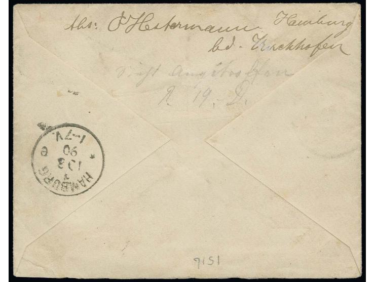 1875, 5 Pfg., Einzelstück und senkrechtes Paar mit 10 Pfg. (2 in verschiedenen Farben), 20 Pfg. und 25 Pfg. mit Rundstempel "