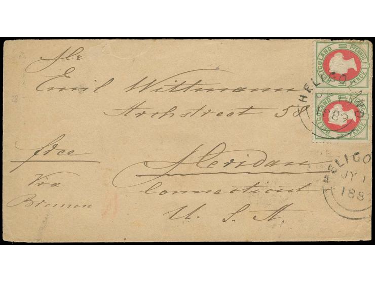 10 Pfg. hellgrün/hellrot im waagerechten Paar mit Rundstempel "HELIGOLAND JY 19 1889" auf Briefkuvert "Via Bremen" in die USA