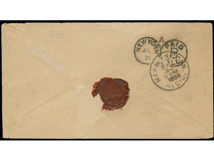 10 Pfg. hellgrün/hellrot im waagerechten Paar mit Rundstempel "HELIGOLAND JY 19 1889" auf Briefkuvert "Via Bremen" in die USA