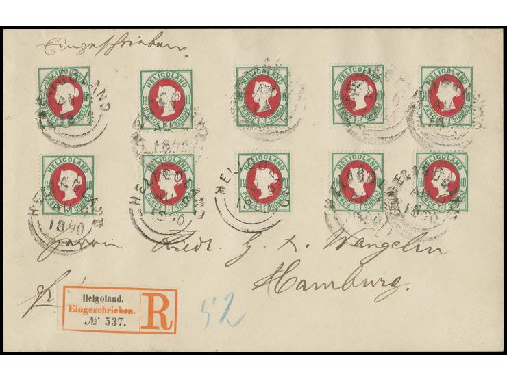 10 Pfg. bläulichgrün/karmin, 10 Einzelwerte mit Kreisstempel "HELIGOLAND AU 9 1890" auf philatelistischem R-Brief nach Hambur