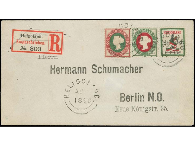 1 M. mit 25 Pfg. und 50 Pfg., letztere in besserer Farbe, mit sauberem Kreisstempel "HELIGOLAND AU 8 1890" auf R-Brief nach B
