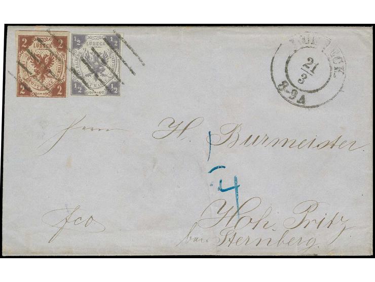 1859/62, ½ Sch. dunkelviolettgrau, allseits voll- bis breitrandig, im Unterrand mit kleiner Kerbe, zusammen mit 2 Sch. braun,