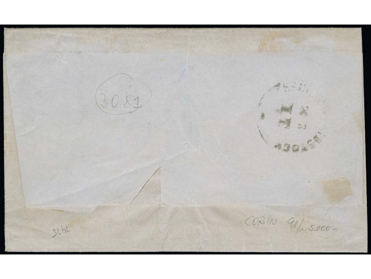 1859/62, ½ Sch. dunkelviolettgrau, allseits voll- bis breitrandig, im Unterrand mit kleiner Kerbe, zusammen mit 2 Sch. braun,