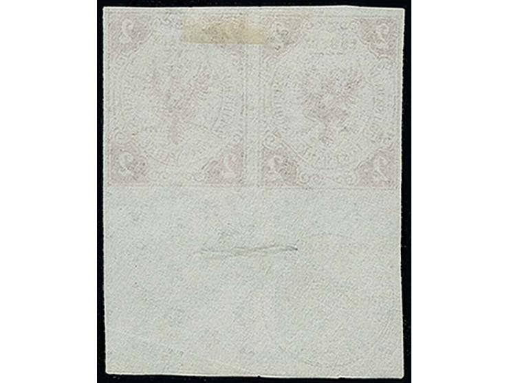 1859, 2 Sch. rötlichbraun, der Fehldruck mit Inschrift "ZWEI EIN HALB" im waagerechten Paar mit breitem unterem Bogenrand mit