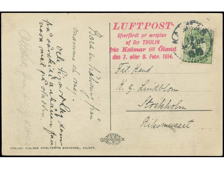 1914, Flight Öland - Kalmar, franked picture postcard from the return flight addressed to Stockholm, with adjacent red cachet